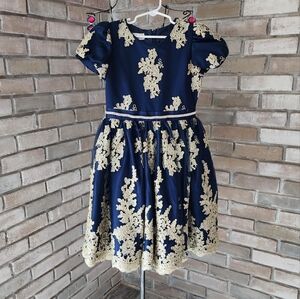 Elegant Navy Dress with Gold Embroidery